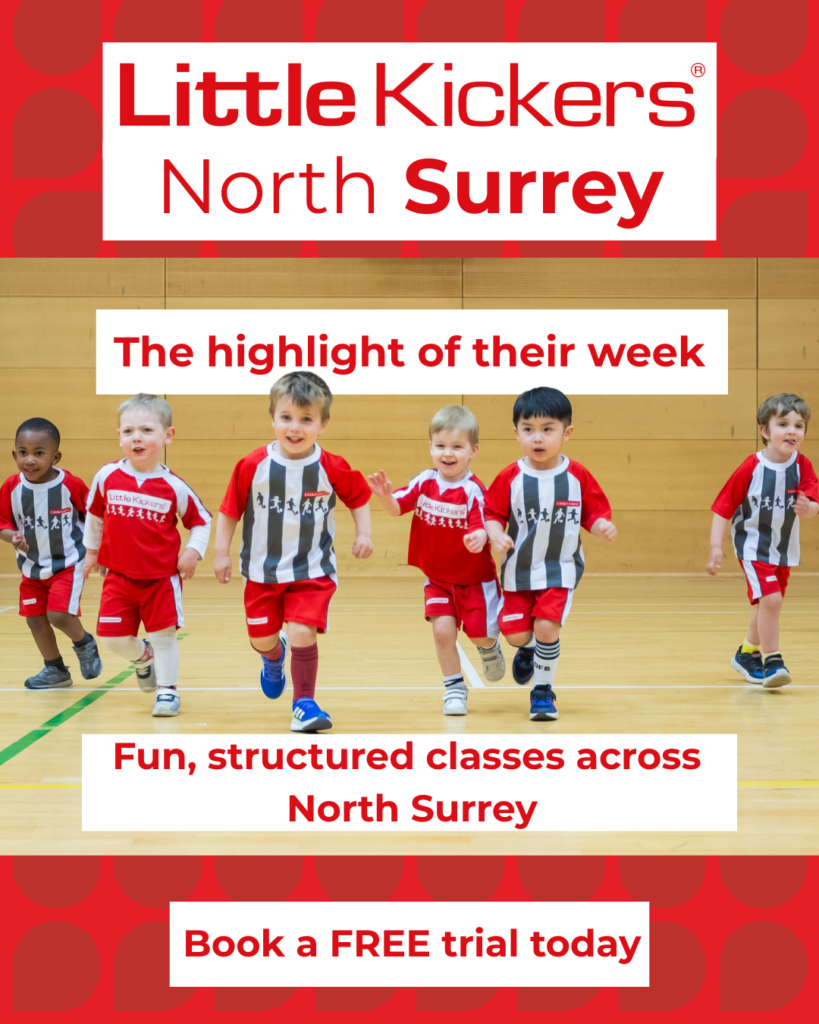 Children enjoying Little Kickers North Surrey football classes, building confidence and skills in fun, structured sessions for toddlers and young kids.